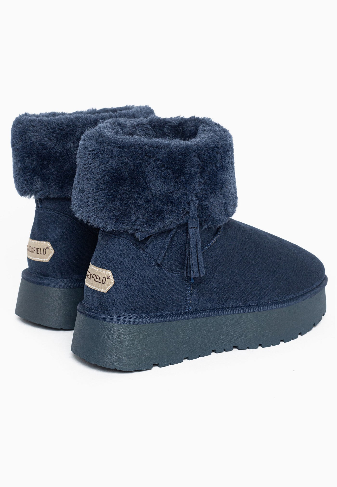 Paire de bottines fourrées Clary marine vues de dos, étiquettes beiges et cols fourrés
