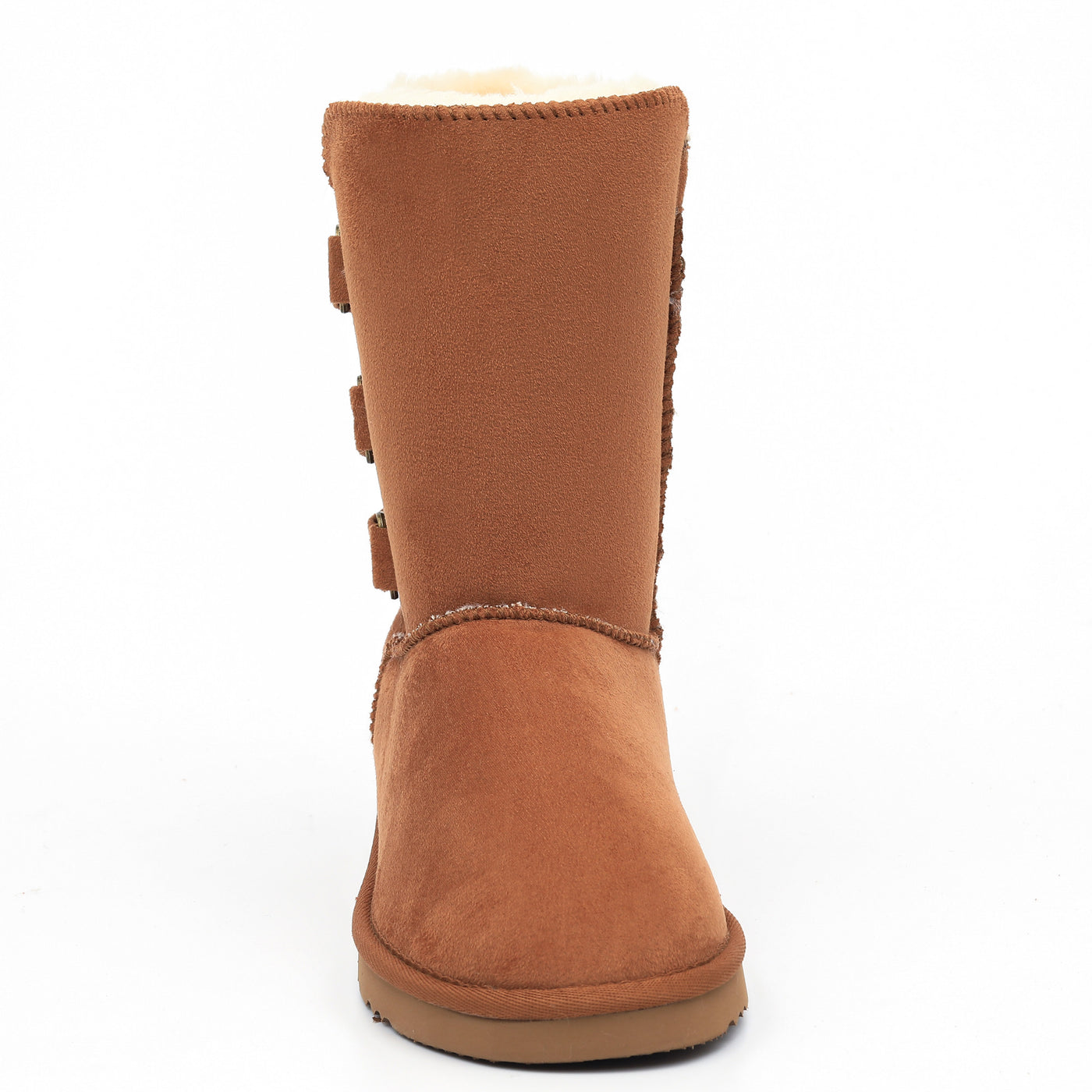 Botte fourrée Gena camel vue de dos, tige droite et bord garni de crème clair