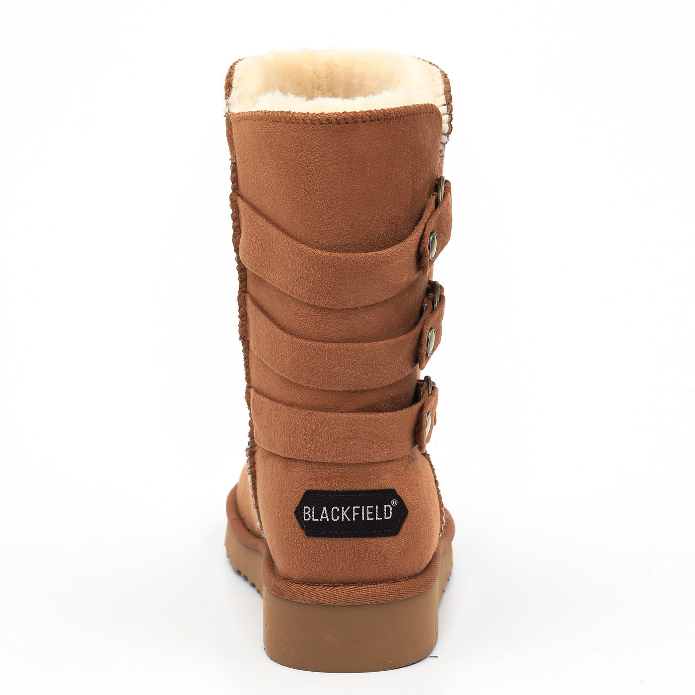 Talon de la botte fourrée Gena camel de dos, étiquette Blackfield cousue au-dessus