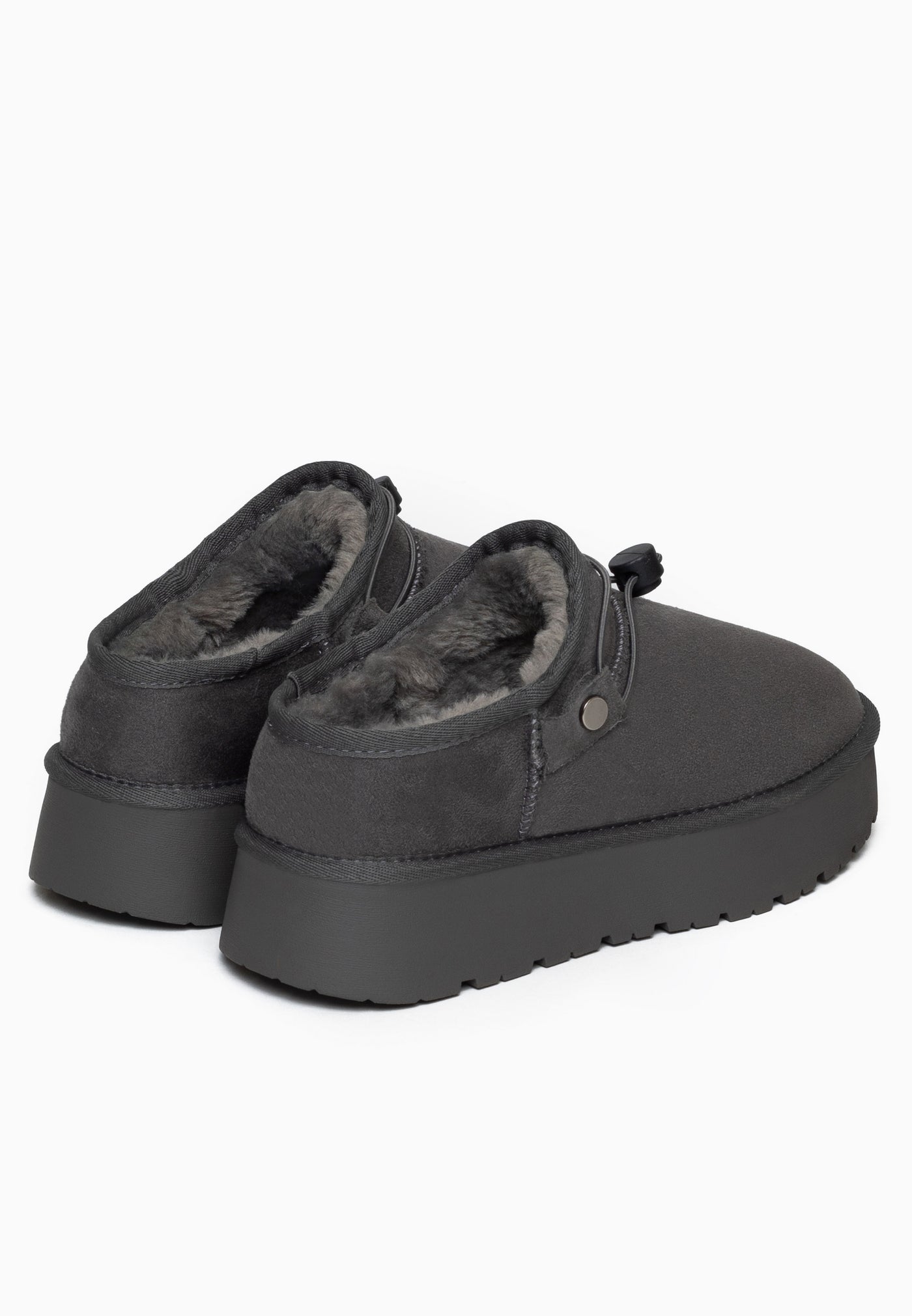 Paire de sabots fourrés Eblis anthracite de dos, intérieur de fausse fourrure grise