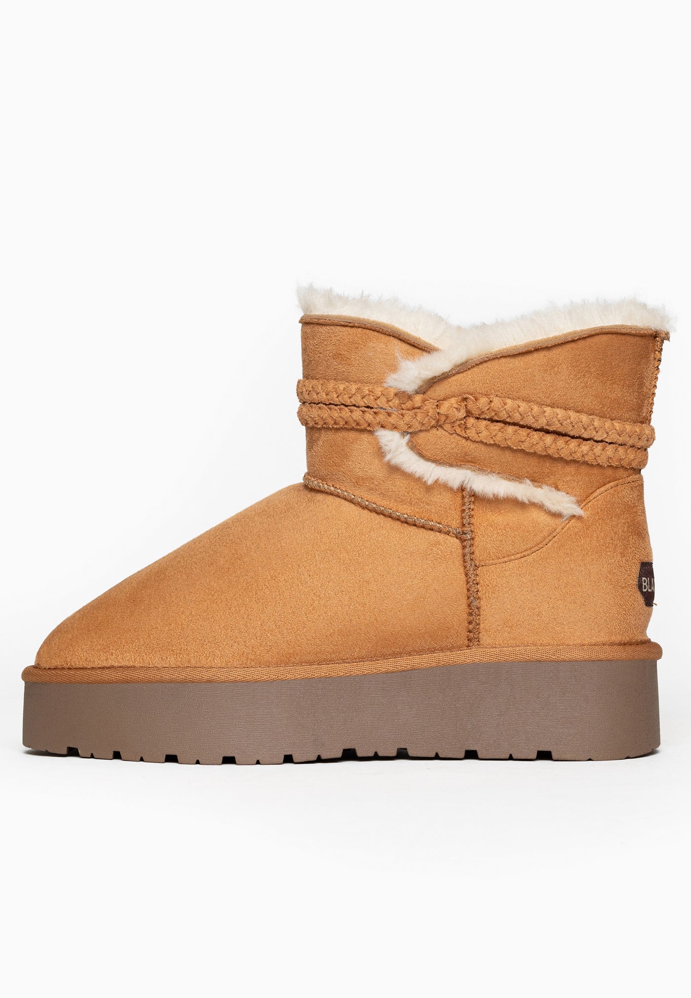 Bottine fourrée Mergie camel vue de l'autre côté, plateforme crantée camel