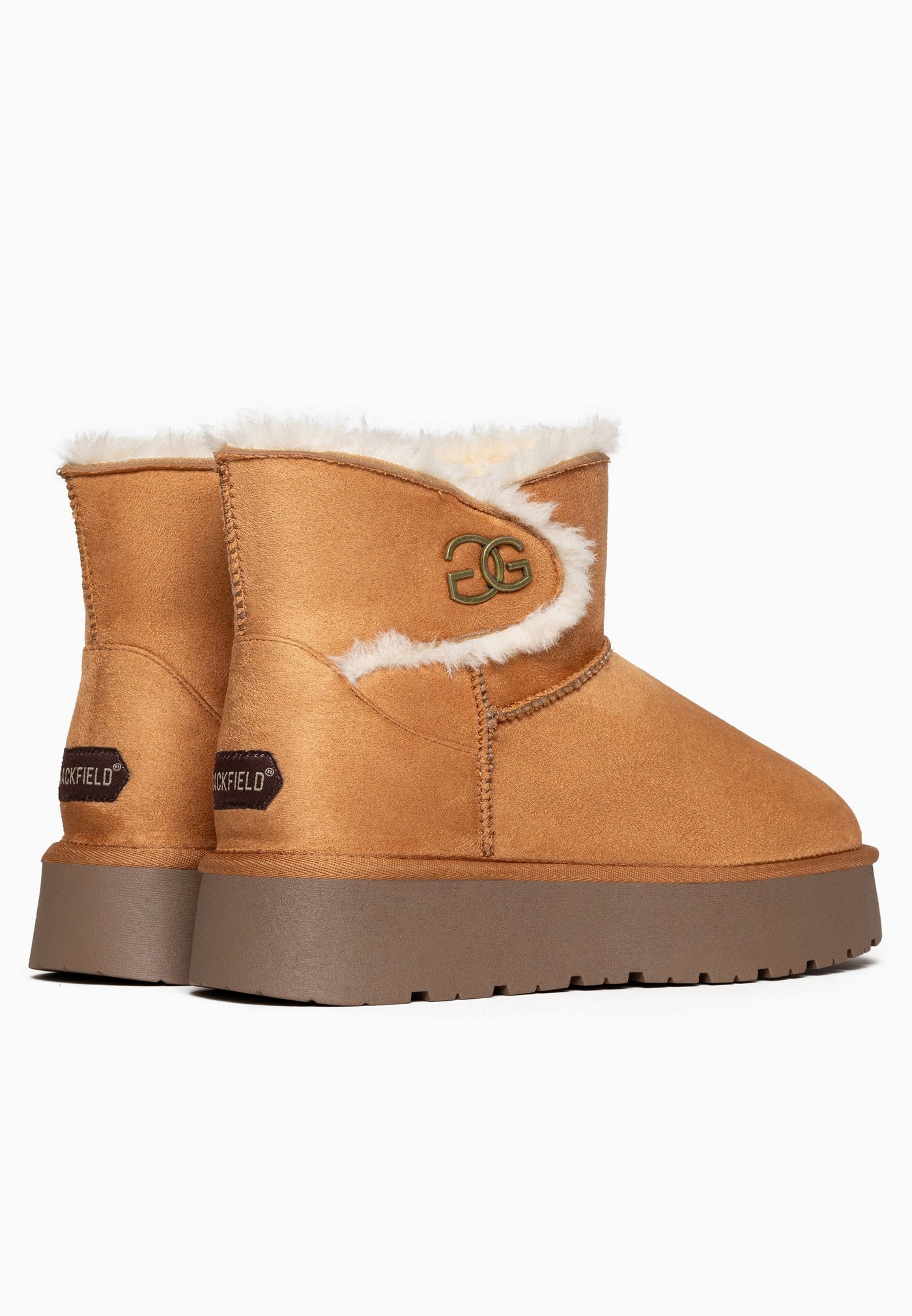Deux bottines fourrées Mebrela camel vues de dos, étiquettes hexagonales aux talons