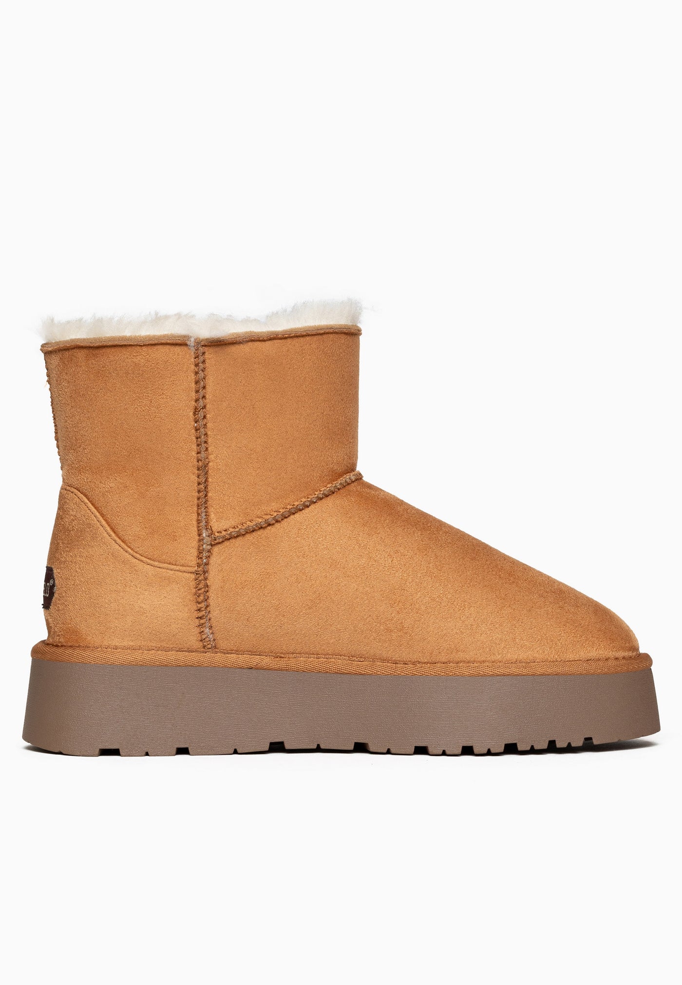 Bottine fourrée Mebrela camel de profil, face intérieure lisse et couture verticale