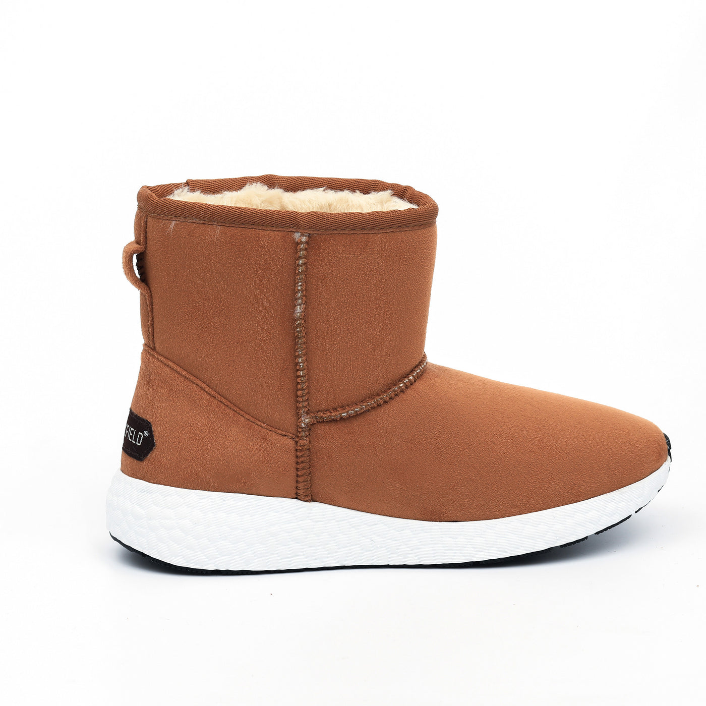 Bottine fourrée Josie camel de trois-quarts arrière, logo au quartier et bout noir