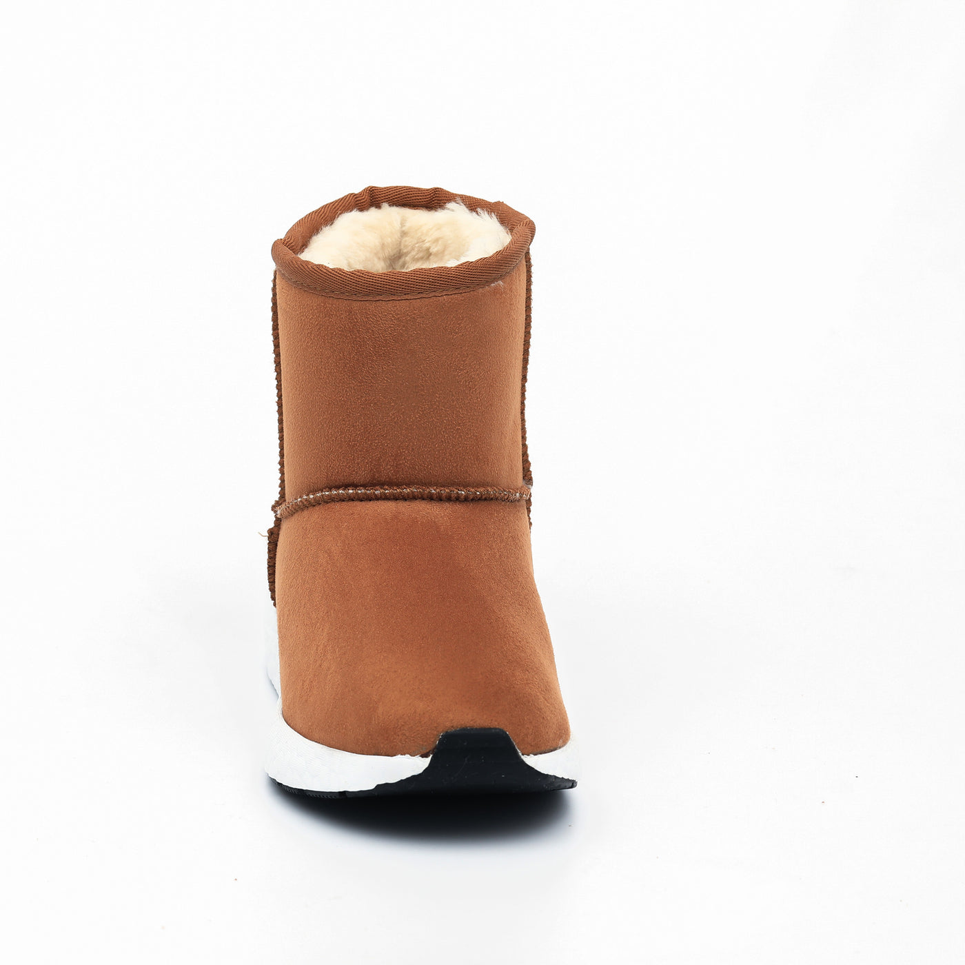 Bottine fourrée Josie camel de face, col crème replié au-dessus de la tige
