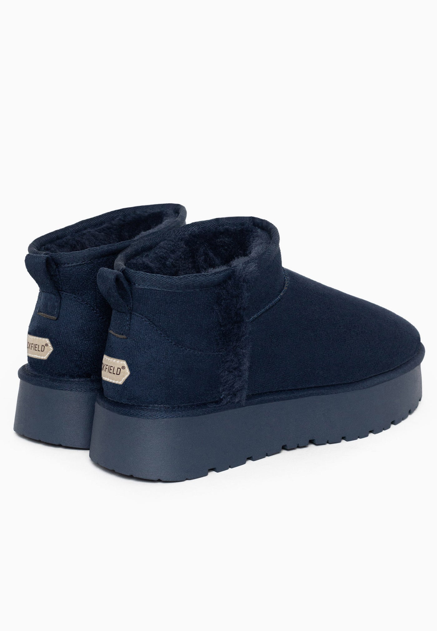 Bottines fourrées Brizz marine de dos, étiquettes claires et boucles de tirage