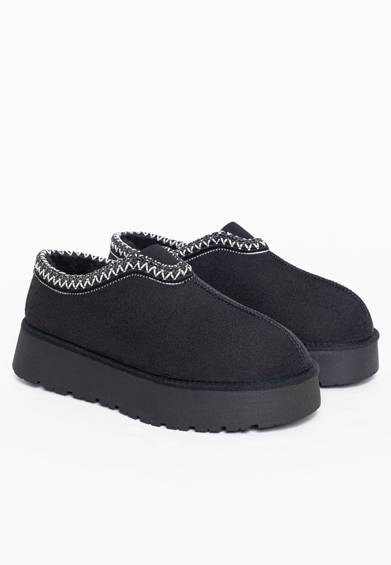 Bottines fourrées Ben noires en paire de trois-quarts, zigzags blancs brodés au col