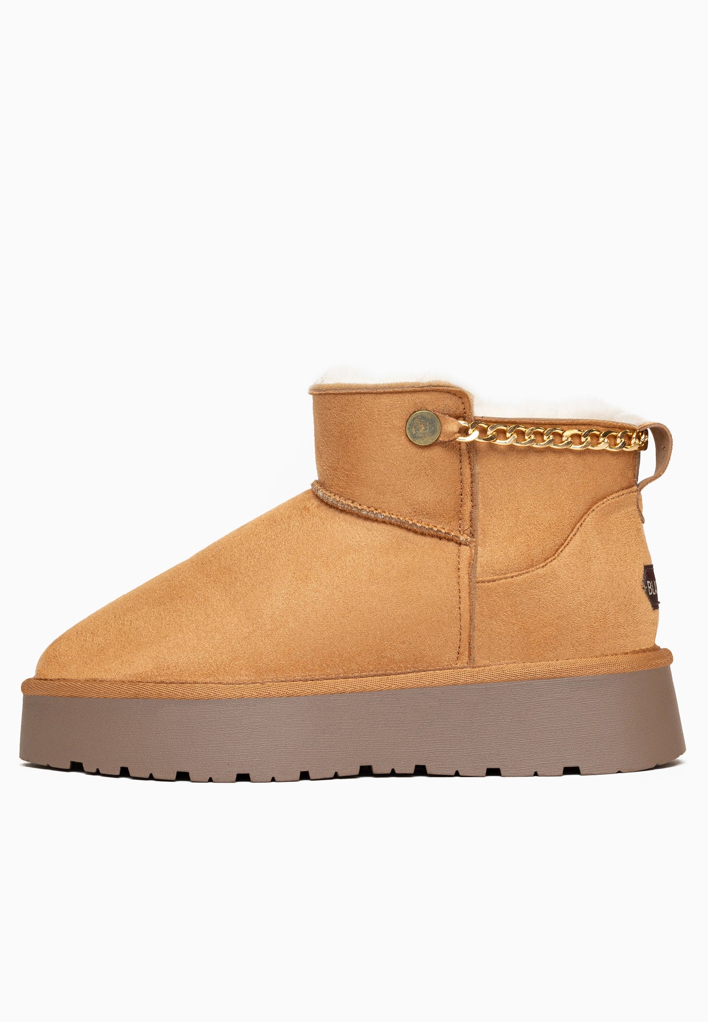 Bottine fourrée Ekhlas camel de profil, autre côté, boucle tirette et plateforme taupe