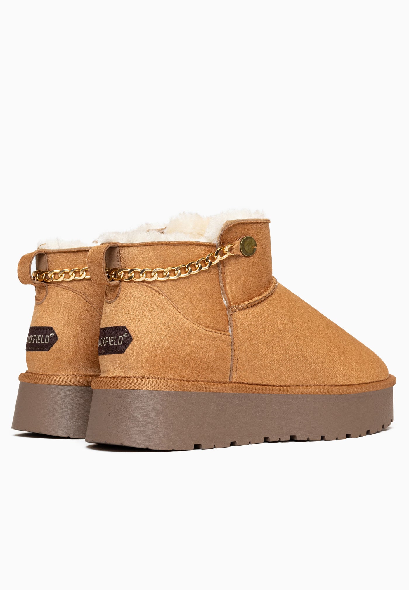 Paire de bottines fourrées Ekhlas camel vue de dos, étiquettes Blackfield noires aux talons