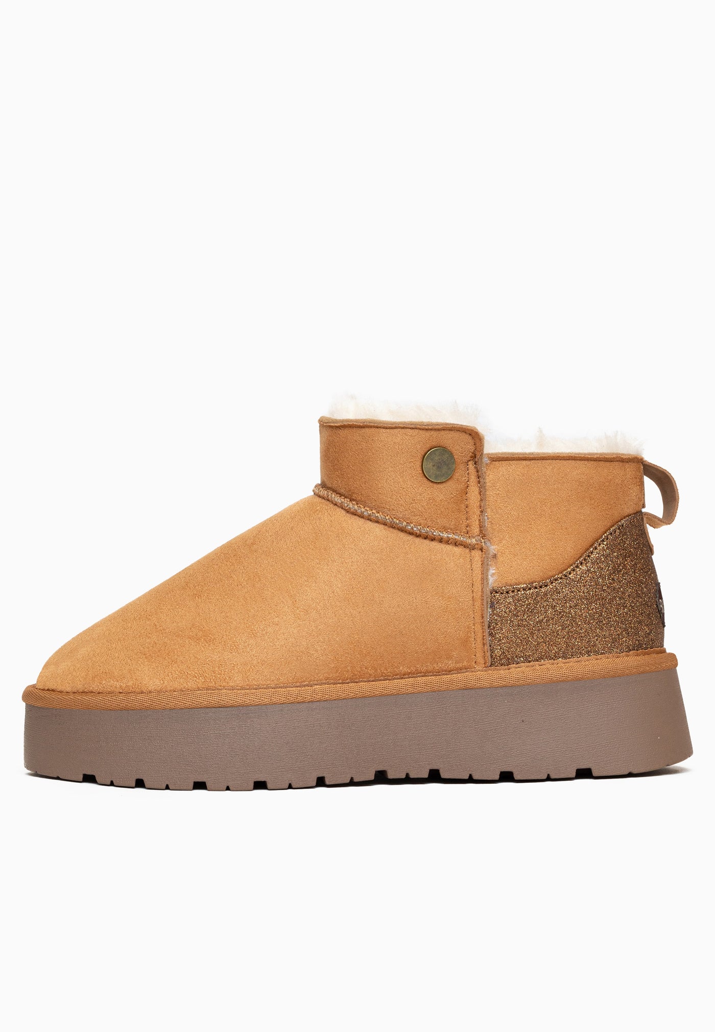 Bottine fourrée Edeh camel vue de l'autre côté, empiècement pailleté bronze