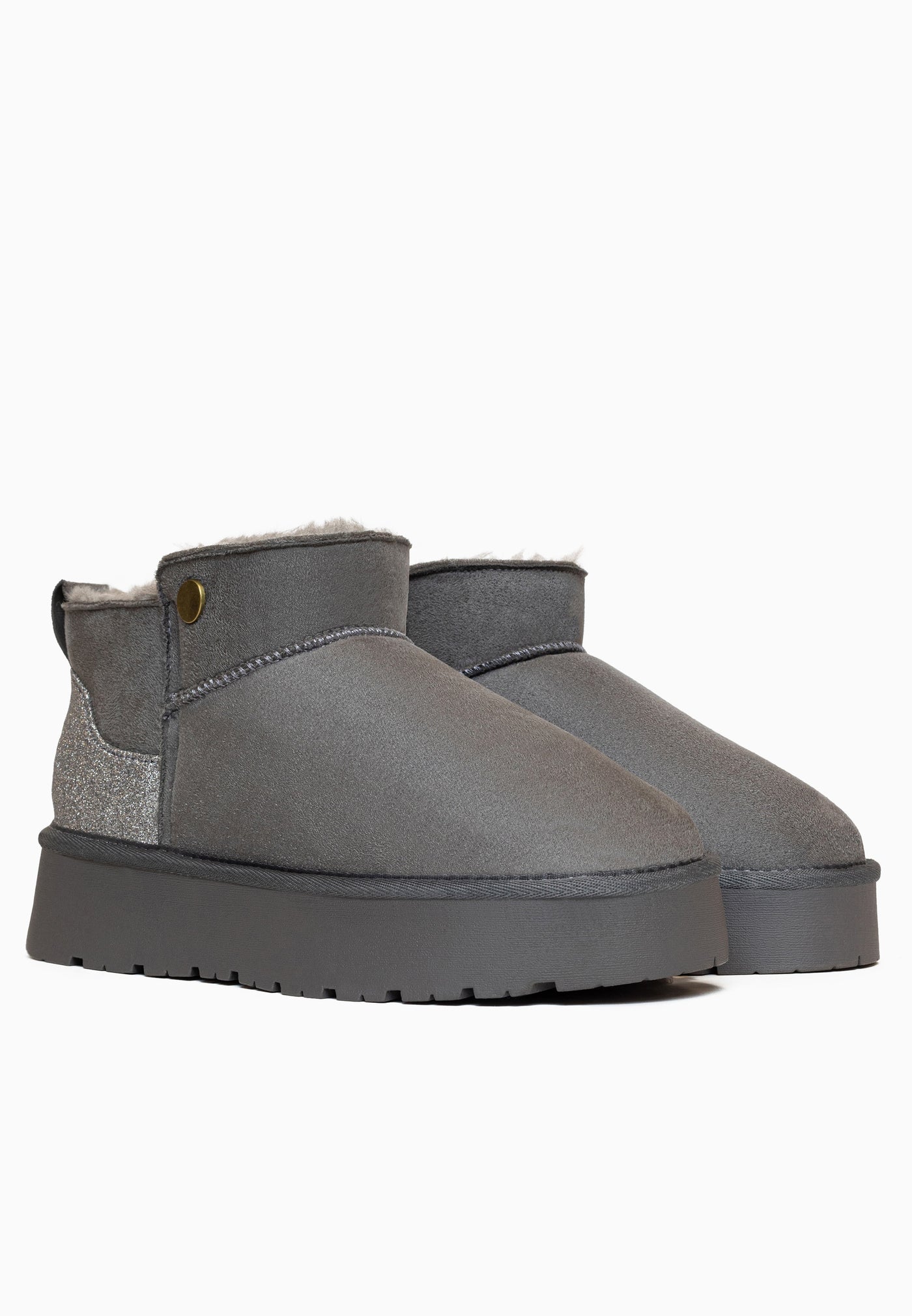 Deux bottines fourrées Edeh anthracite vues de trois-quarts, plateforme crantée grise