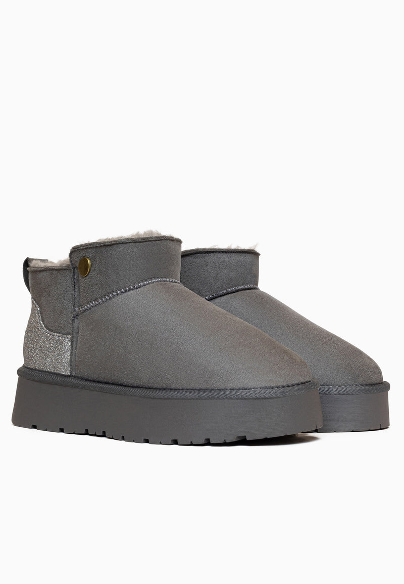 Deux bottines fourrées Edeh anthracite vues de trois-quarts, plateforme crantée grise