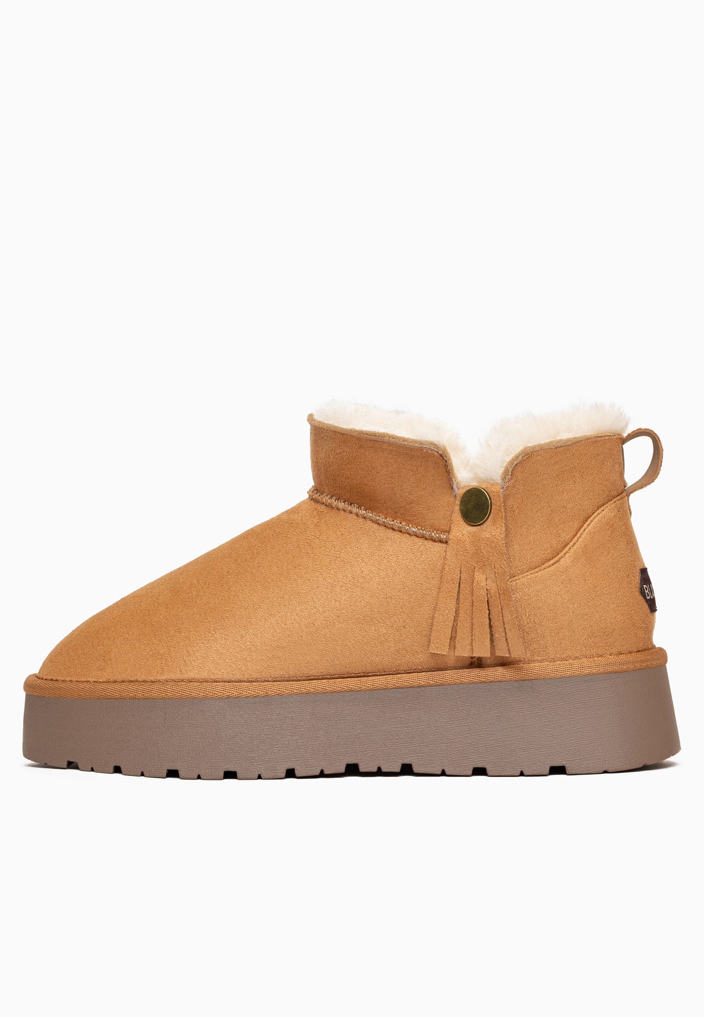 Bottine fourrée Elonie camel de profil, autre côté, boucle tirette et gland à franges