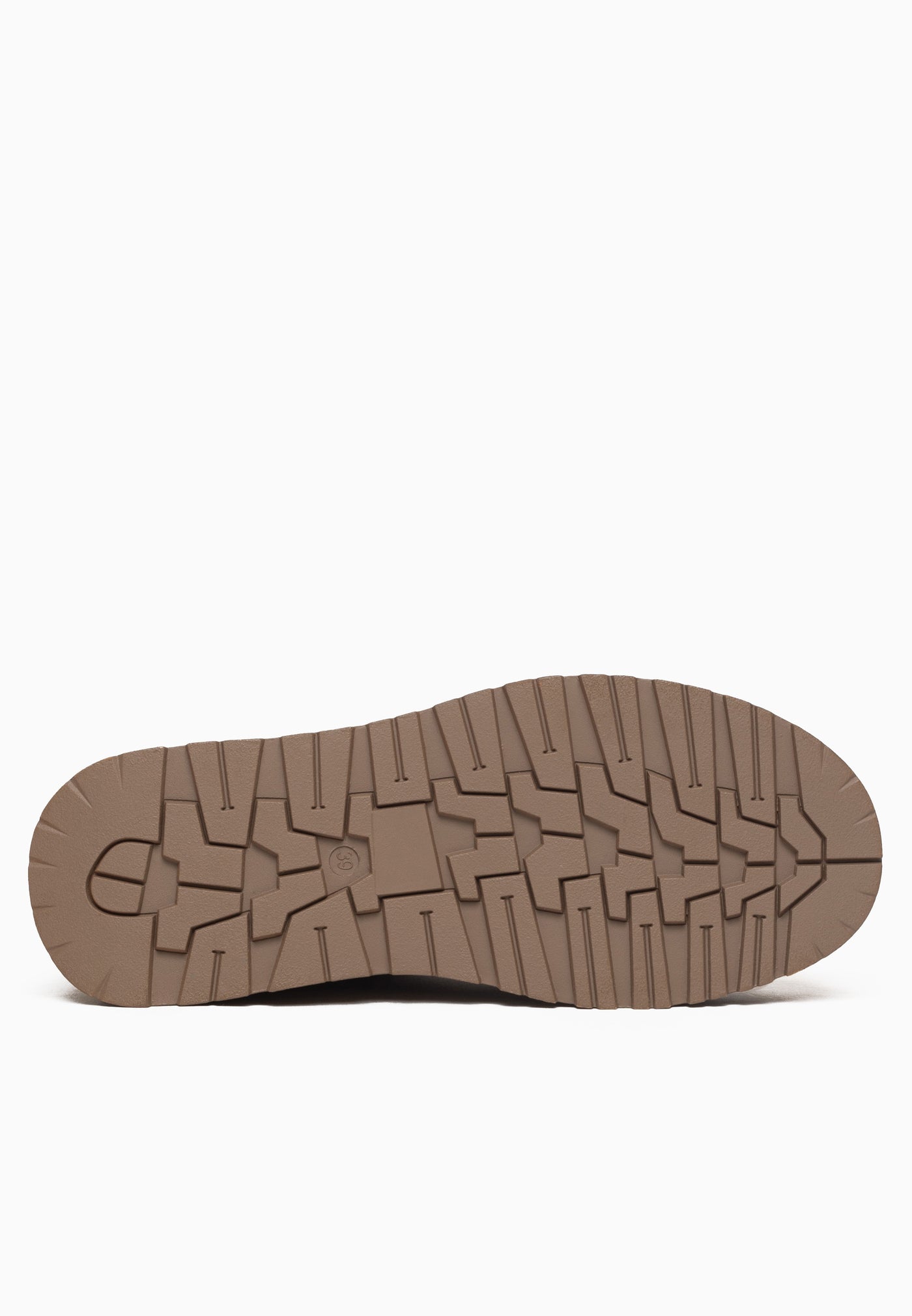 Semelle de la bottine fourrée Lola camel vue de dessous, crampons taupe dessinés