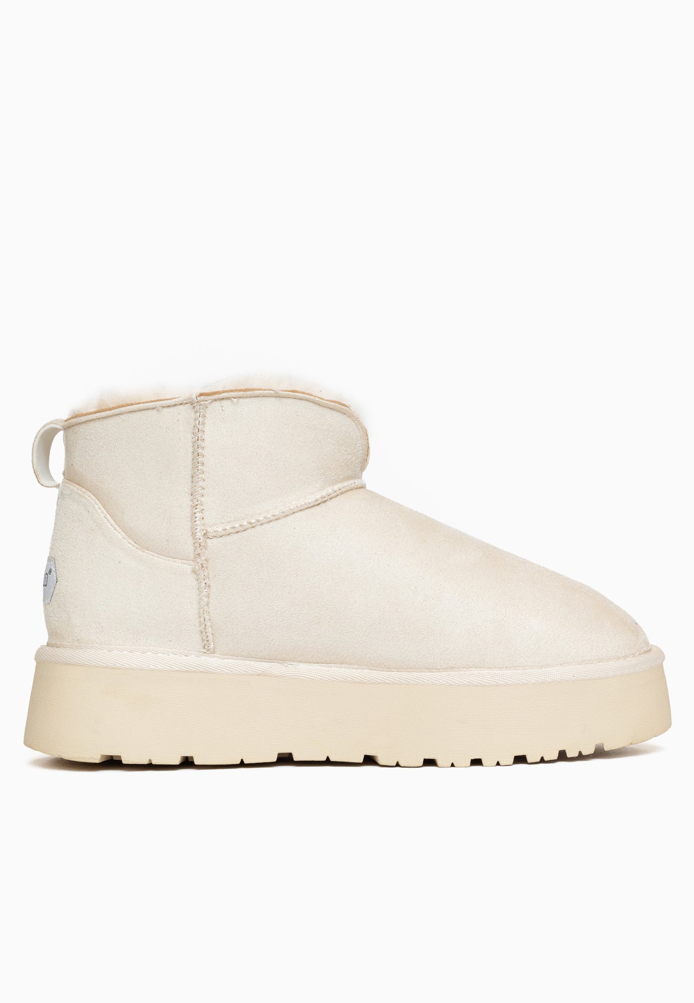 Bottine fourrée Efza blanc cassé de profil, autre côté, boucle tirette cousue au talon