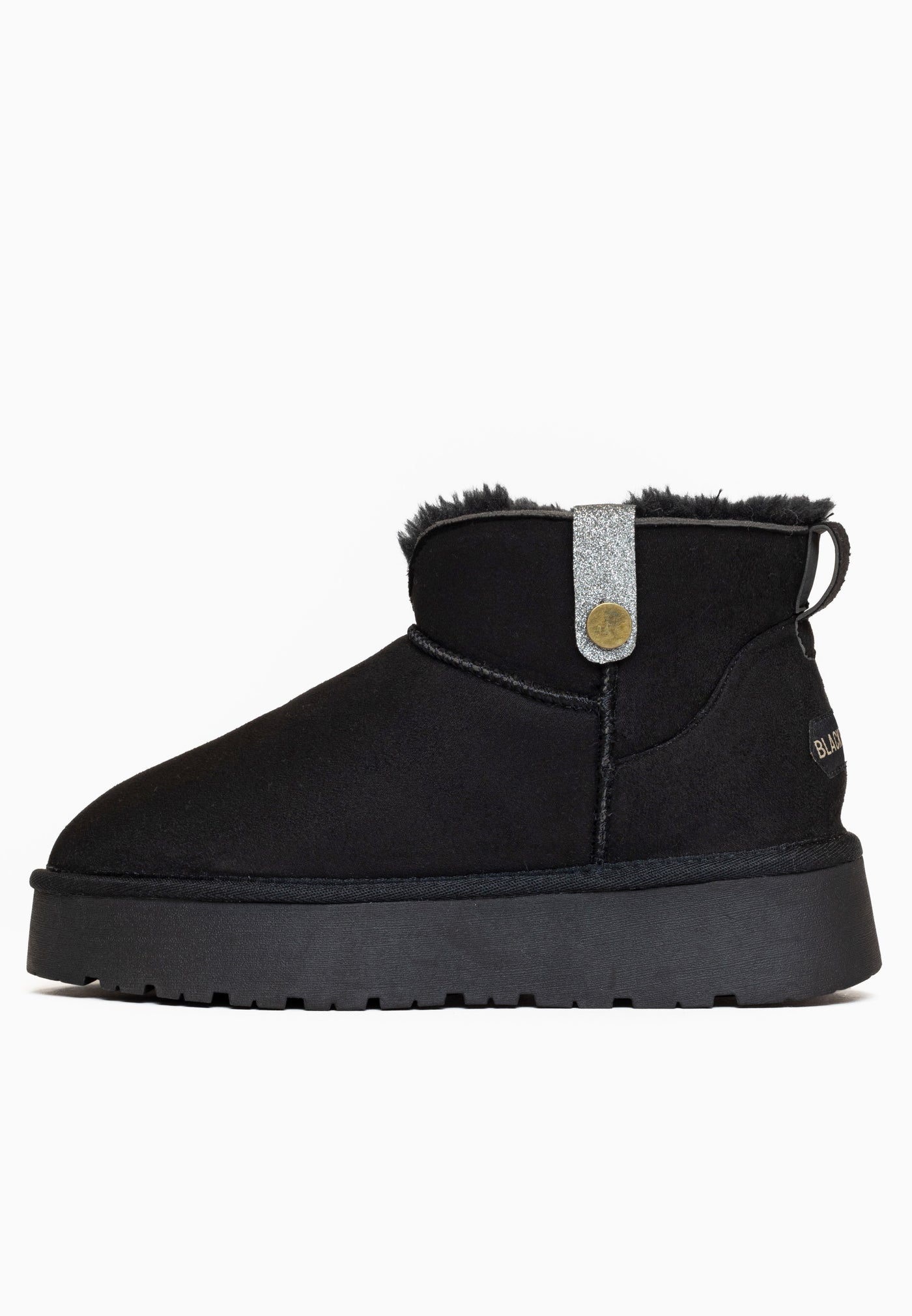 Bottine fourrée Efza noire de profil, autre côté, boucle tirette et patte pailletée argent
