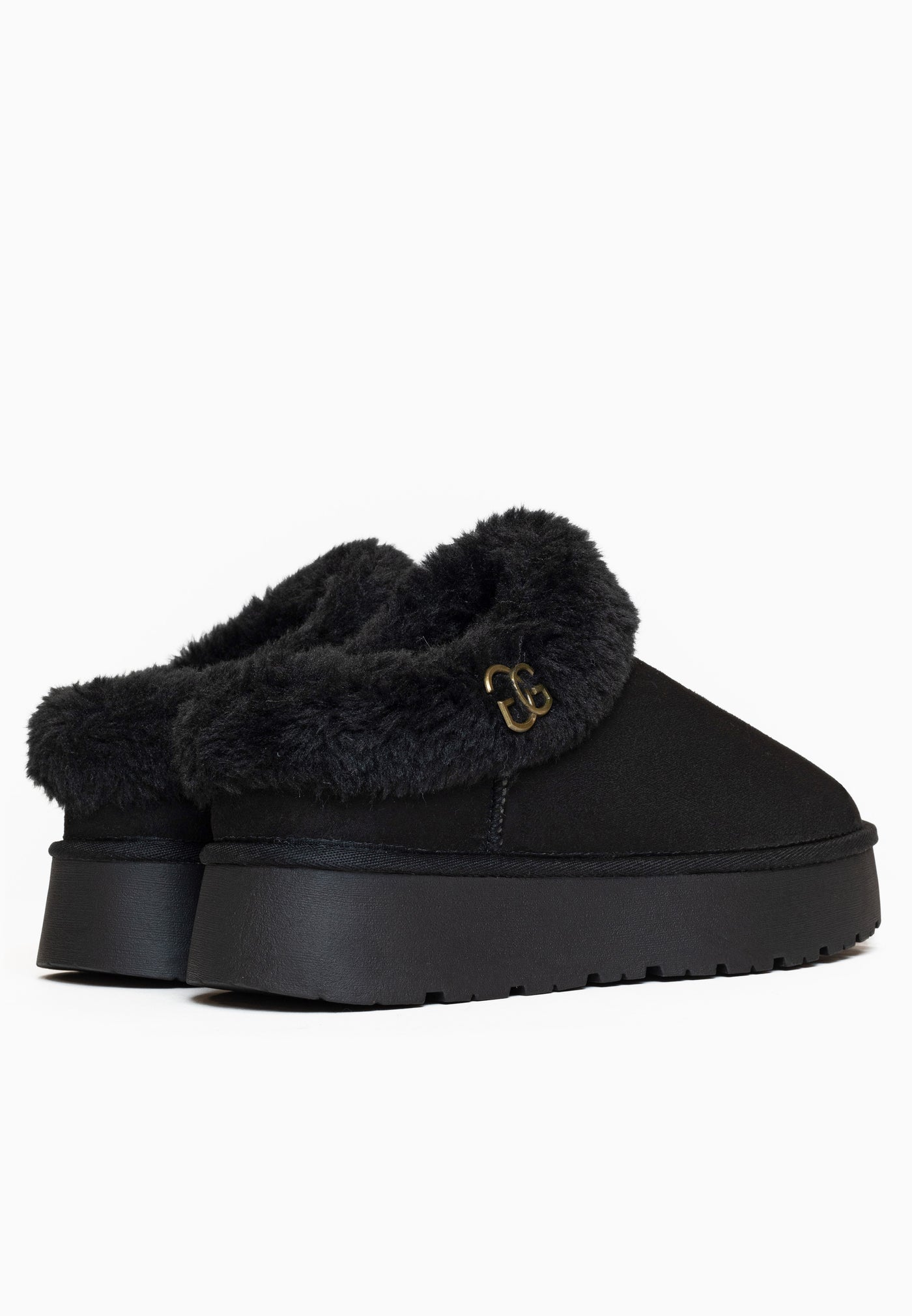 Paire de sabots fourrés Ensha noirs vue de dos, cols roulés et plateformes noires