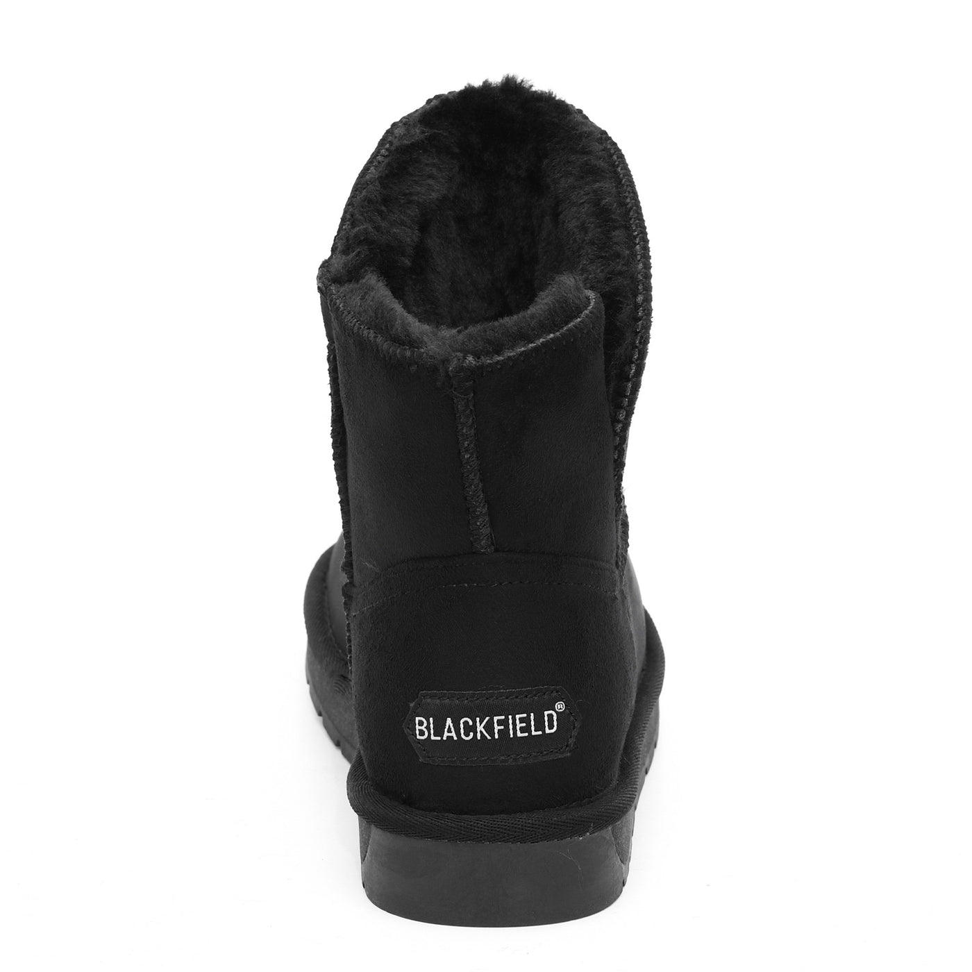Bottine fourrée Lady noire vue de dos, étiquette Blackfield blanche au talon