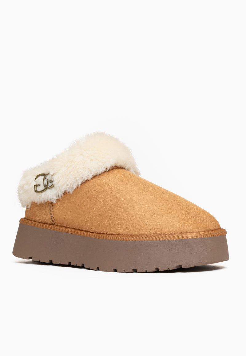 Sabot fourré Ensha camel vu de profil, plateforme taupe crantée et col roulé bien épais