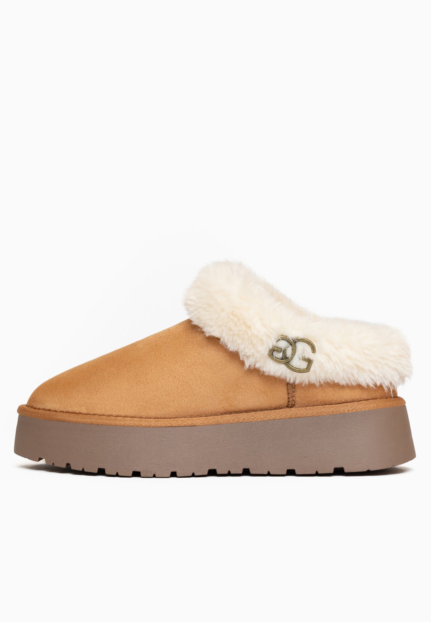 Sabot fourré Ensha camel de profil, autre côté, talon ouvert et doublure crème visible