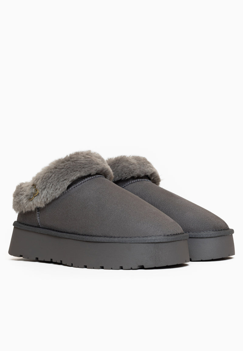 Paire de sabots fourrés Ensha anthracite de trois-quarts, cols de fausse fourrure gris repliés