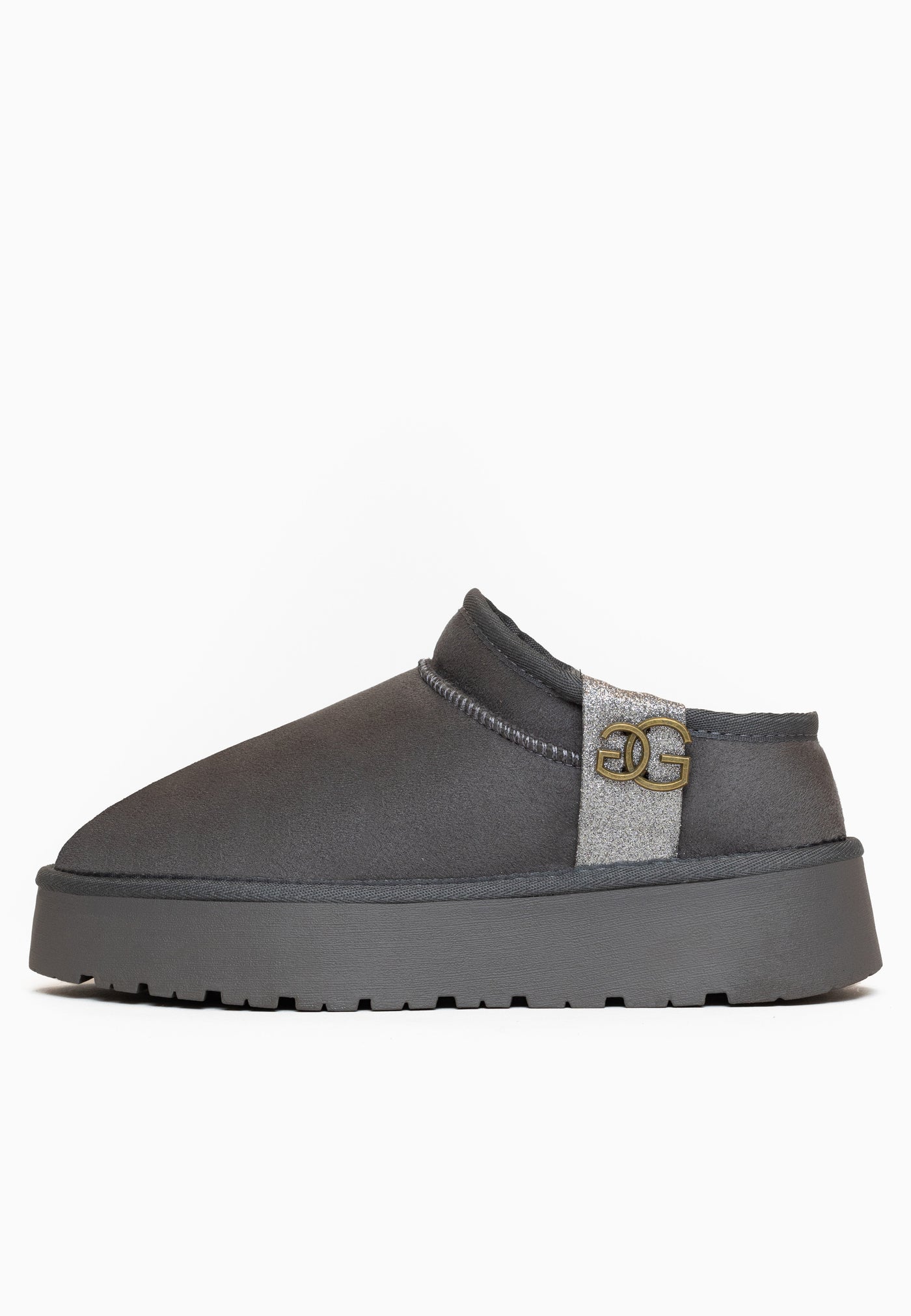 Sabot fourré Edila anthracite vu de l'autre profil, paillettes claires sur le dessus