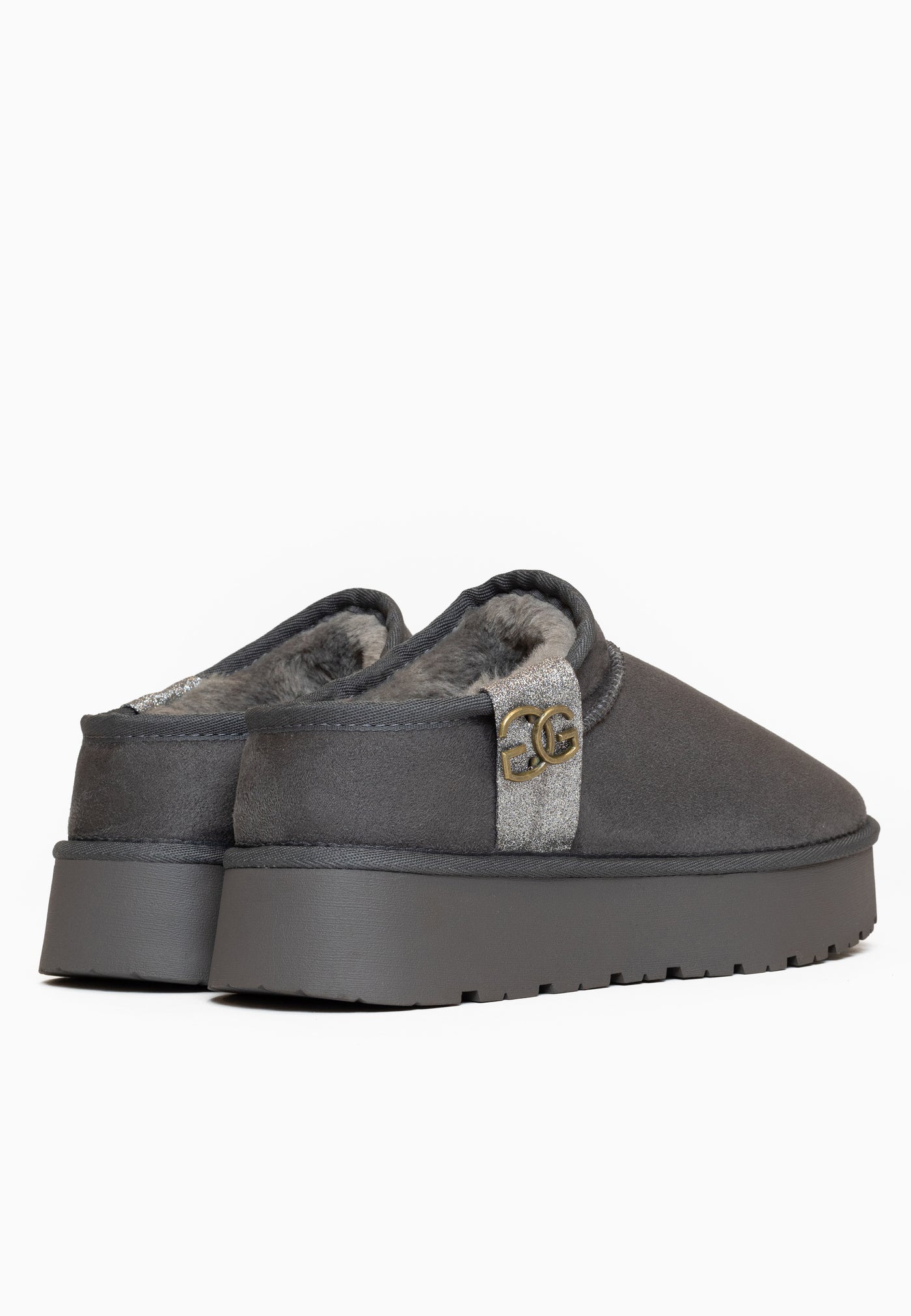 Paire de sabots fourrés Edila anthracite de dos, doublure de fausse fourrure grise