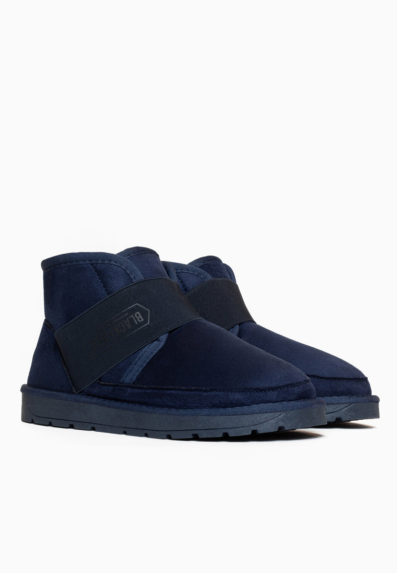 Paire de bottines fourrées Eshika marine de trois-quarts, sangles élastiques en travers