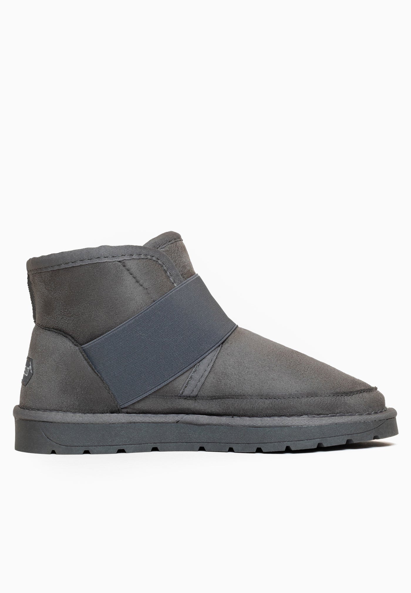 Bottine fourrée Eshika anthracite vue de l’autre côté, petit label gris au talon