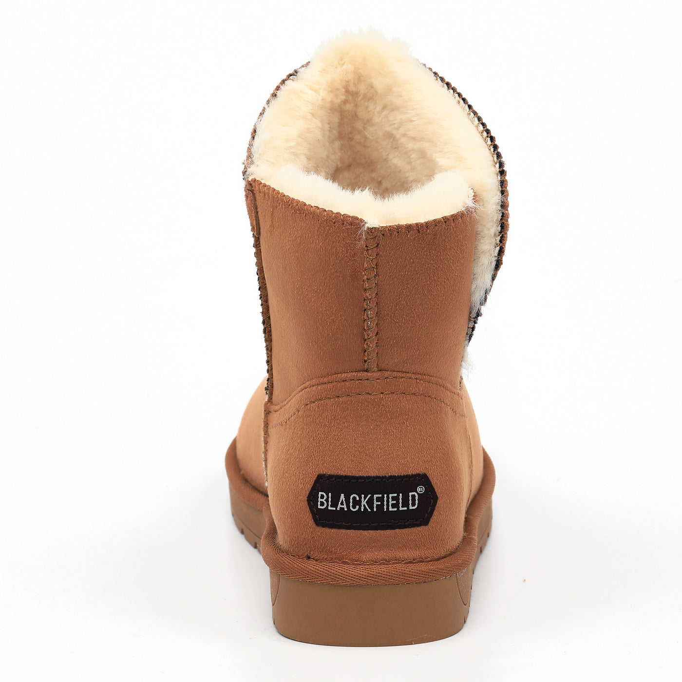 Bottine fourrée Lady camel vue de dos, étiquette Blackfield noire au talon