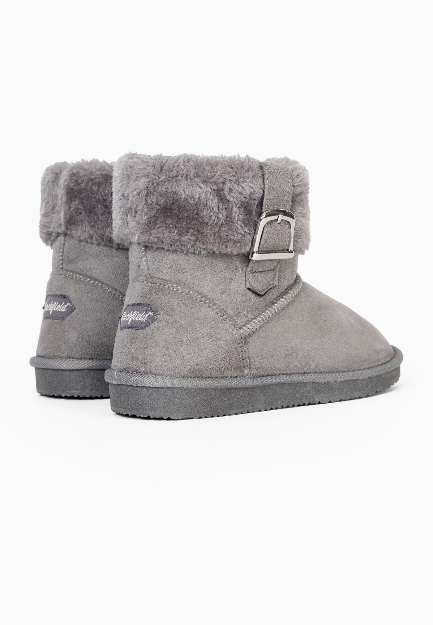 Paire de bottines fourrées Afton gris foncé vue de dos, étiquettes Blackfield sur les talons
