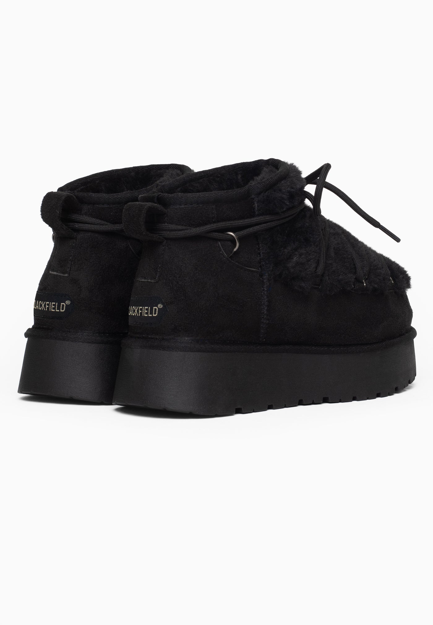 Paire de bottines fourrées Balma noires de dos, étiquettes Blackfield grises