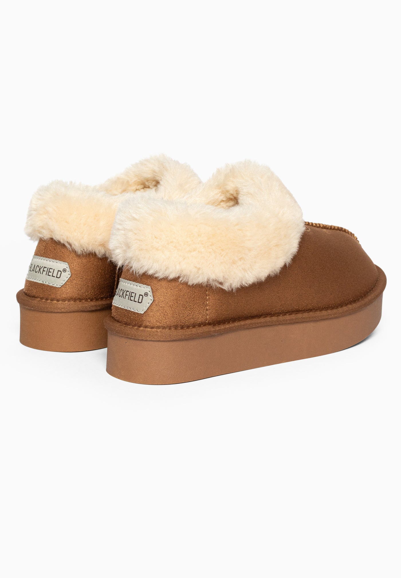 Bottines fourrées Bloom camel prises de trois-quarts arrière, cols crème ébouriffés