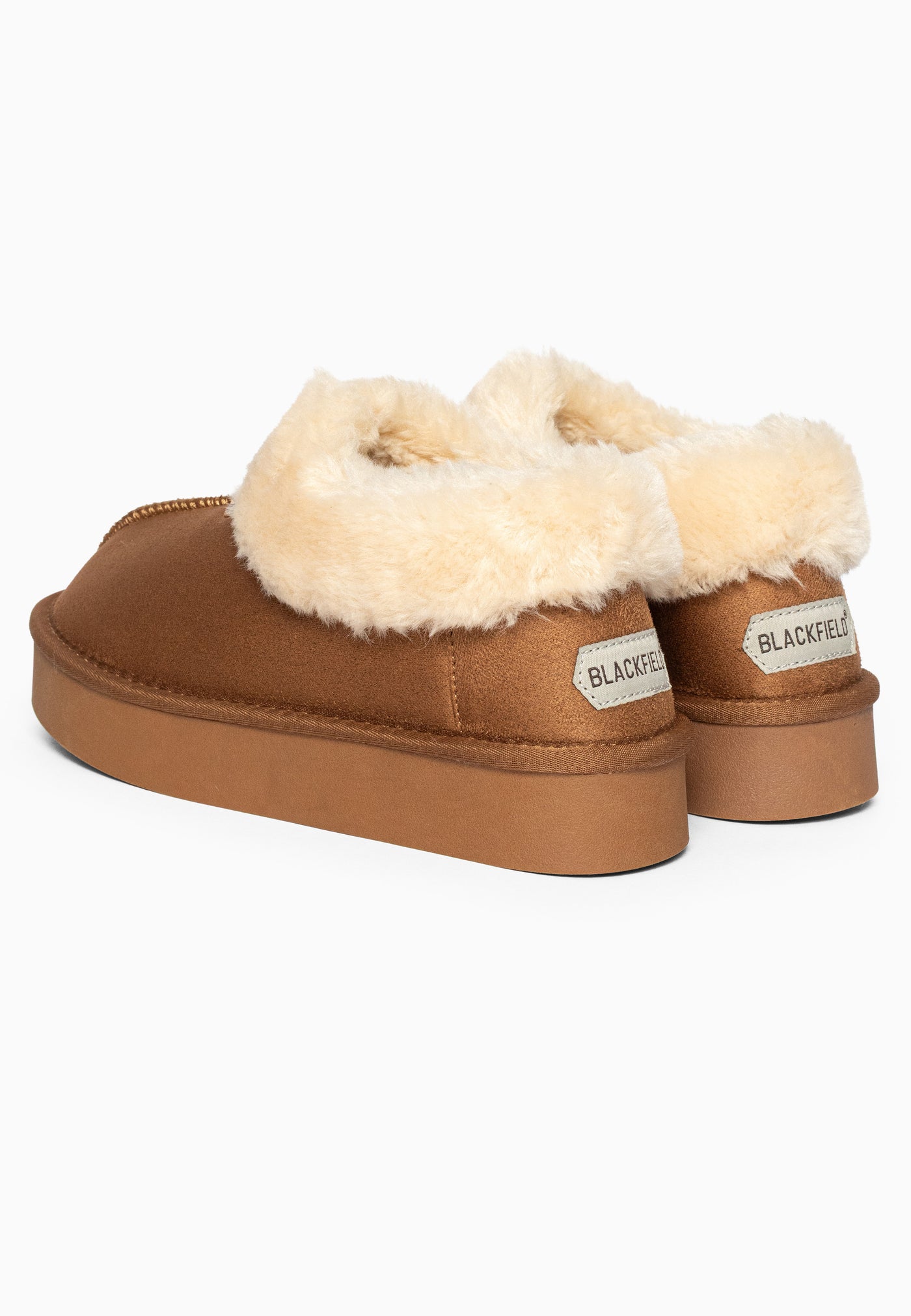 Bottines fourrées Bloom camel de dos, étiquettes blanches cousues aux deux talons