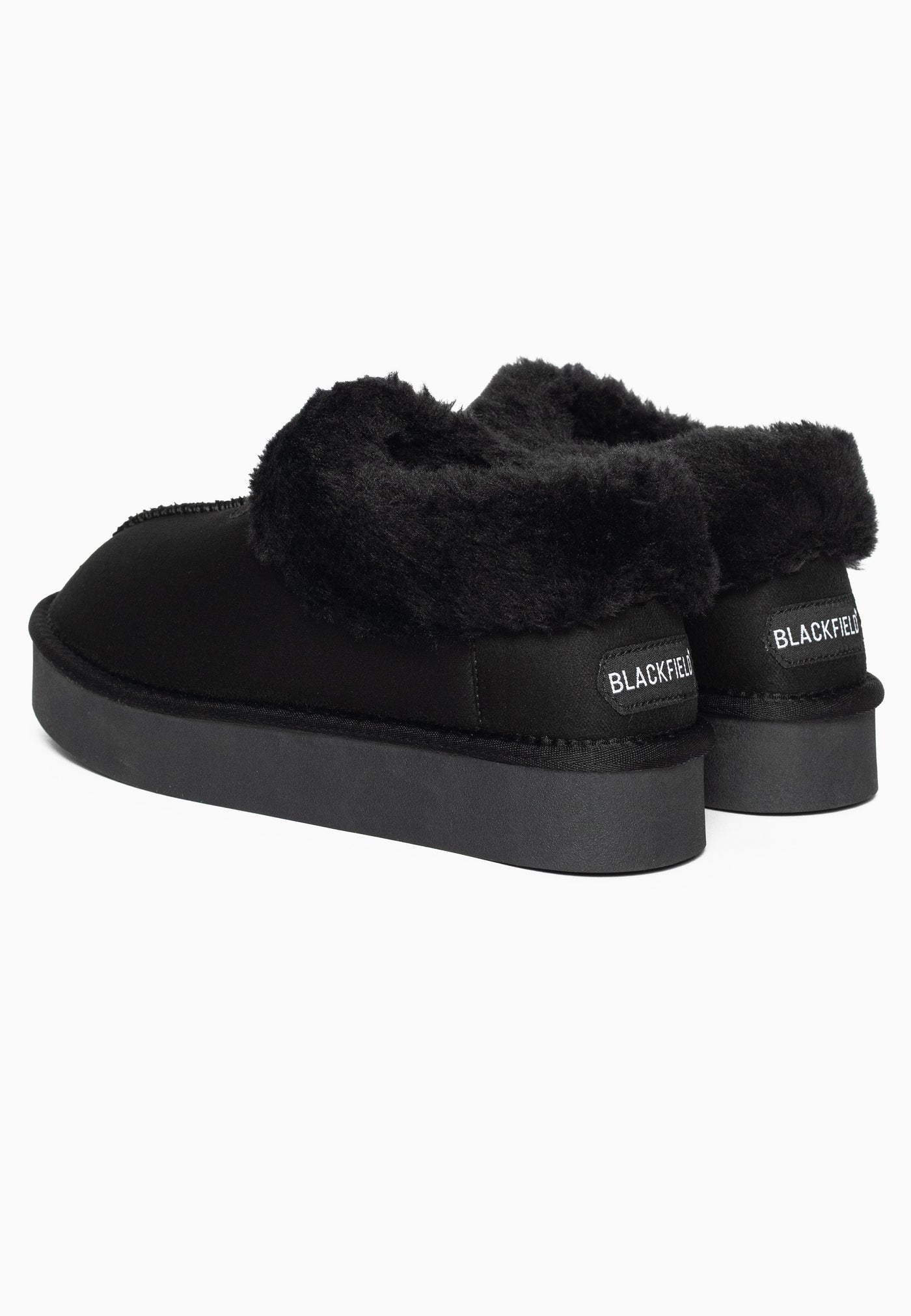 Bottines fourrées Bloom noires prises de trois-quarts arrière, cols noirs ébouriffés