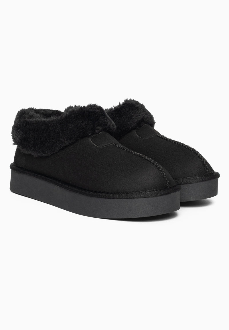 Bottines fourrées Bloom noires en paire, cols de fausse fourrure noire repliés