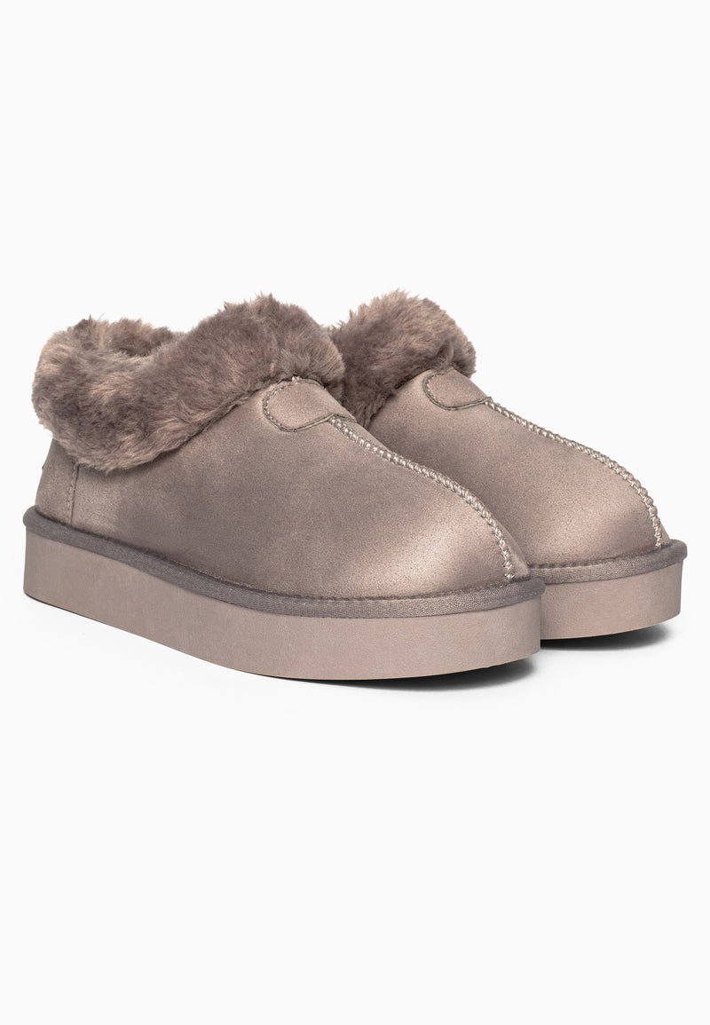 Paire de bottines fourrées Bloom gris clair, cols de fausse fourrure taupe repliés