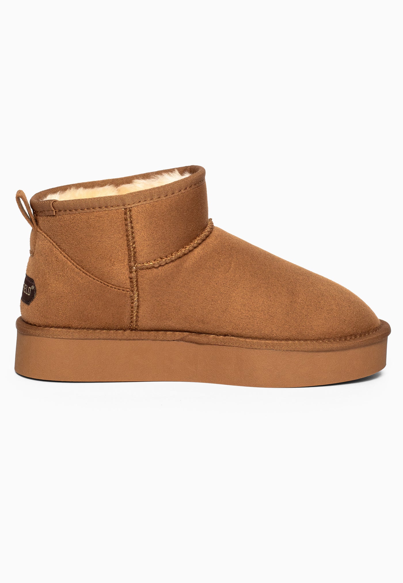 Bottine fourrée Beryl camel vue de près, semelle camel et couture verticale au talon