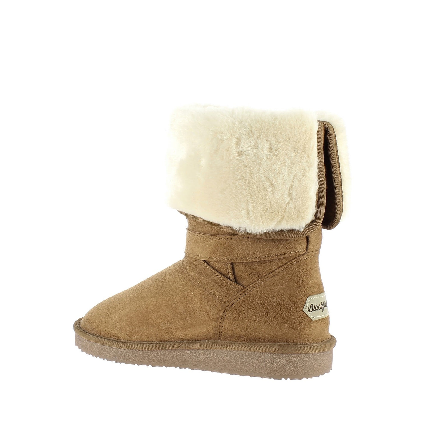 Bottine fourrée Cannon camel de trois-quarts, étiquette Blackfield beige cousue près des brides