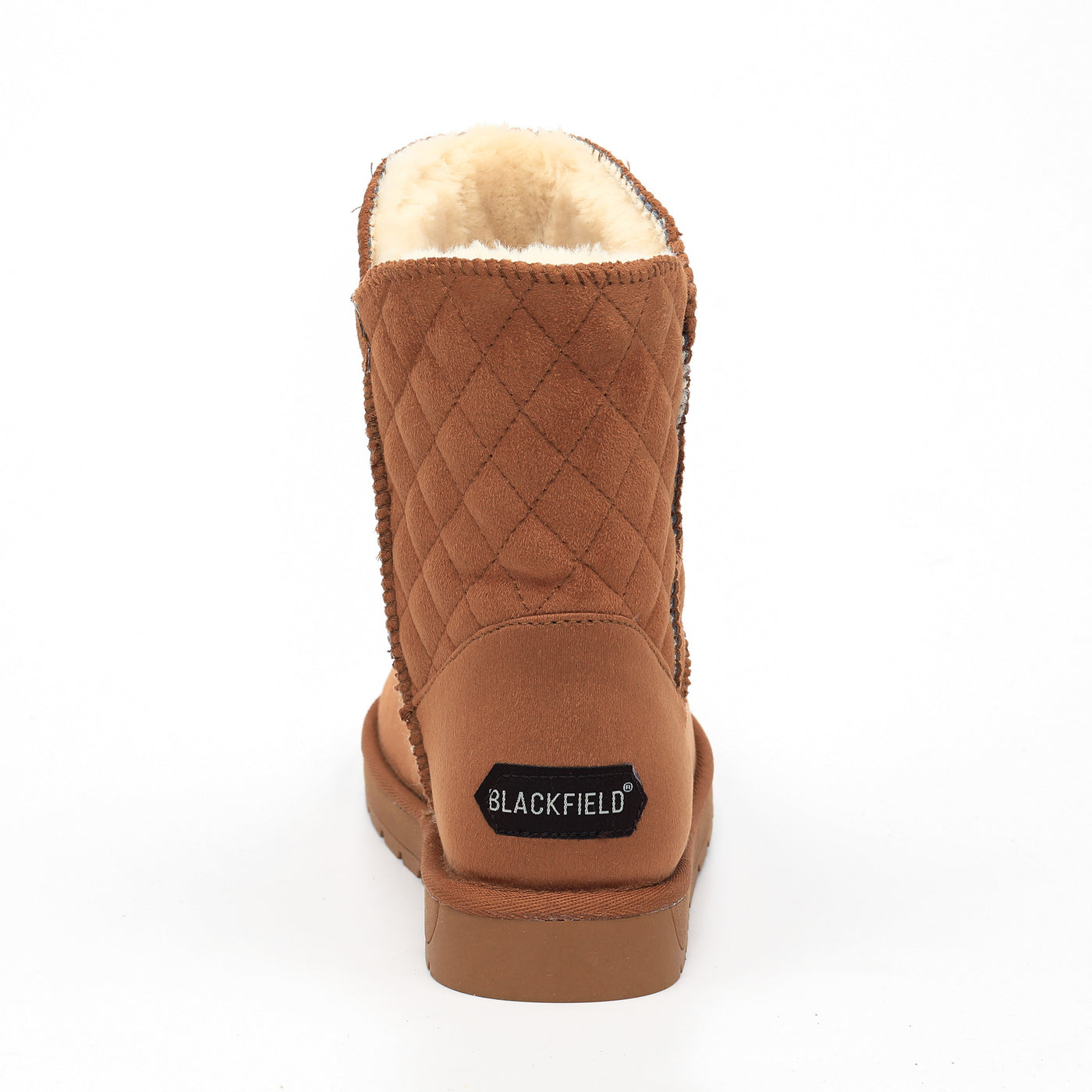 Bottine fourrée Maelis camel de dos, étiquette Blackfield noire cousue au talon