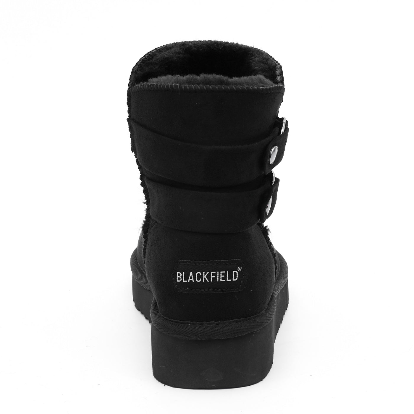 Bottine fourrée Oceana noire vue de dos, nom Blackfield blanc au-dessus du talon