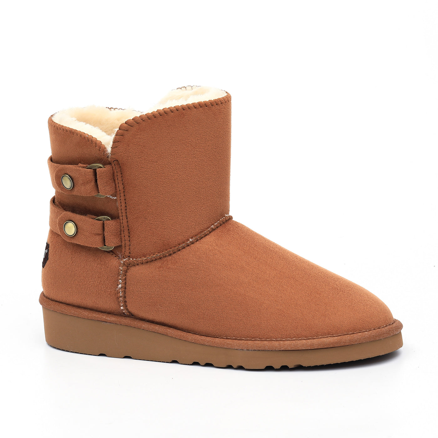 Bottine fourrée Oceana camel de profil, deux pattes à boutons pression laiton