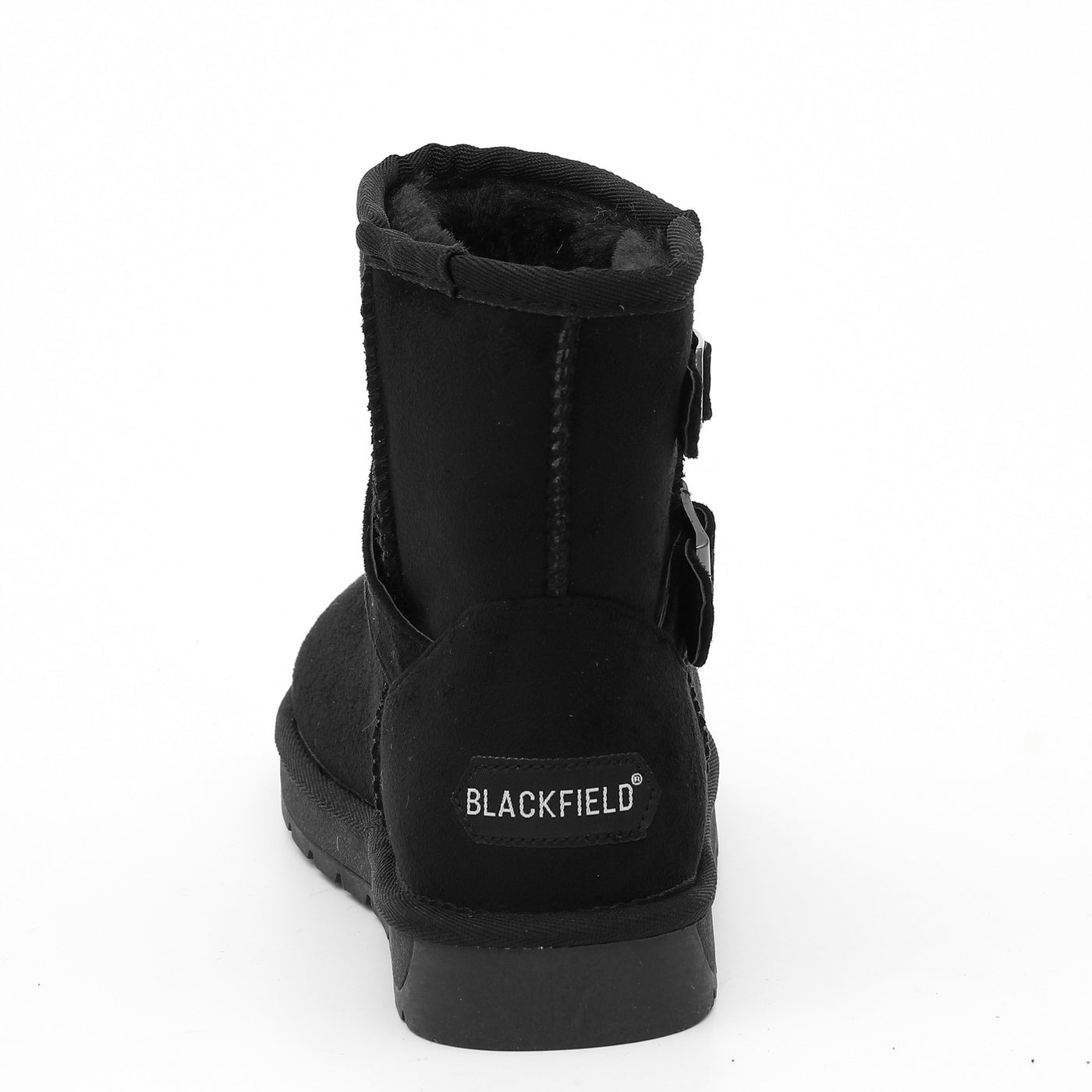 Bottine fourrée Olwen noire vue de dos, étiquette Blackfield blanche cousue au talon