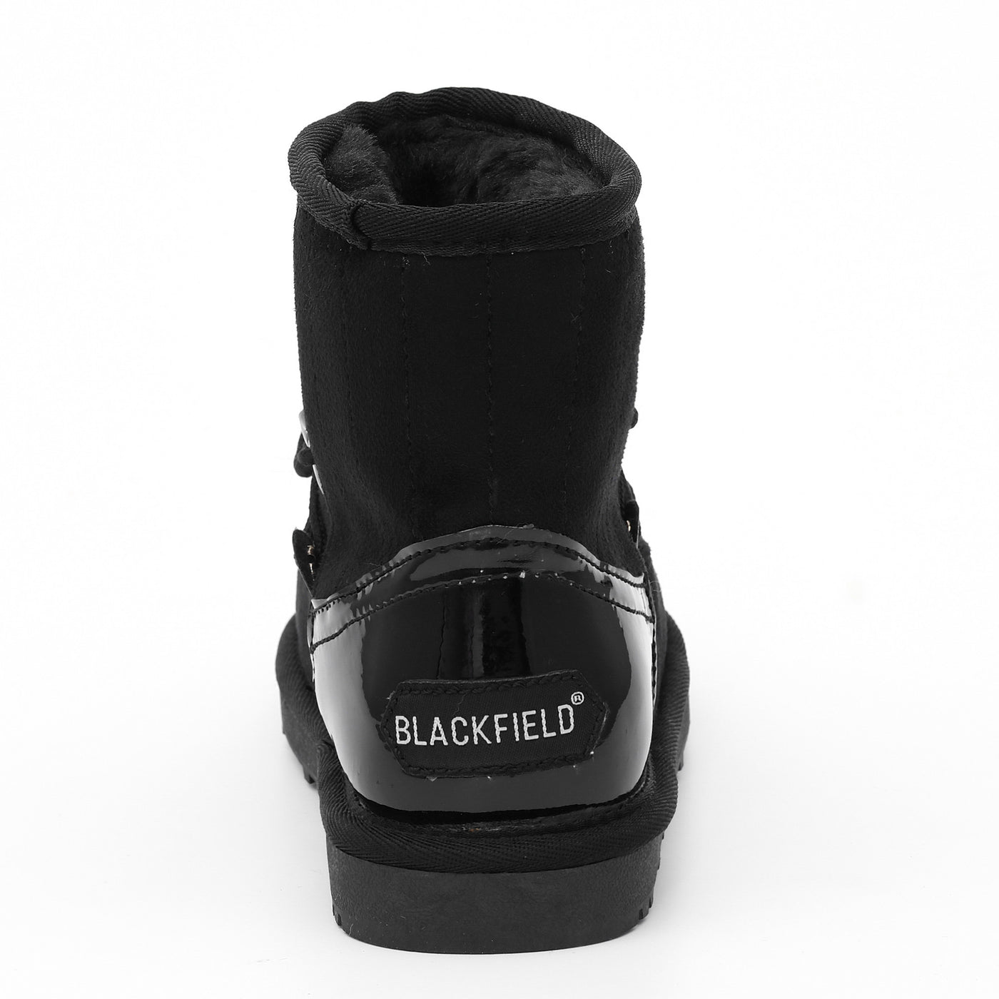 Bottine fourrée Rose noire de dos, nom Blackfield imprimé sur le talon verni