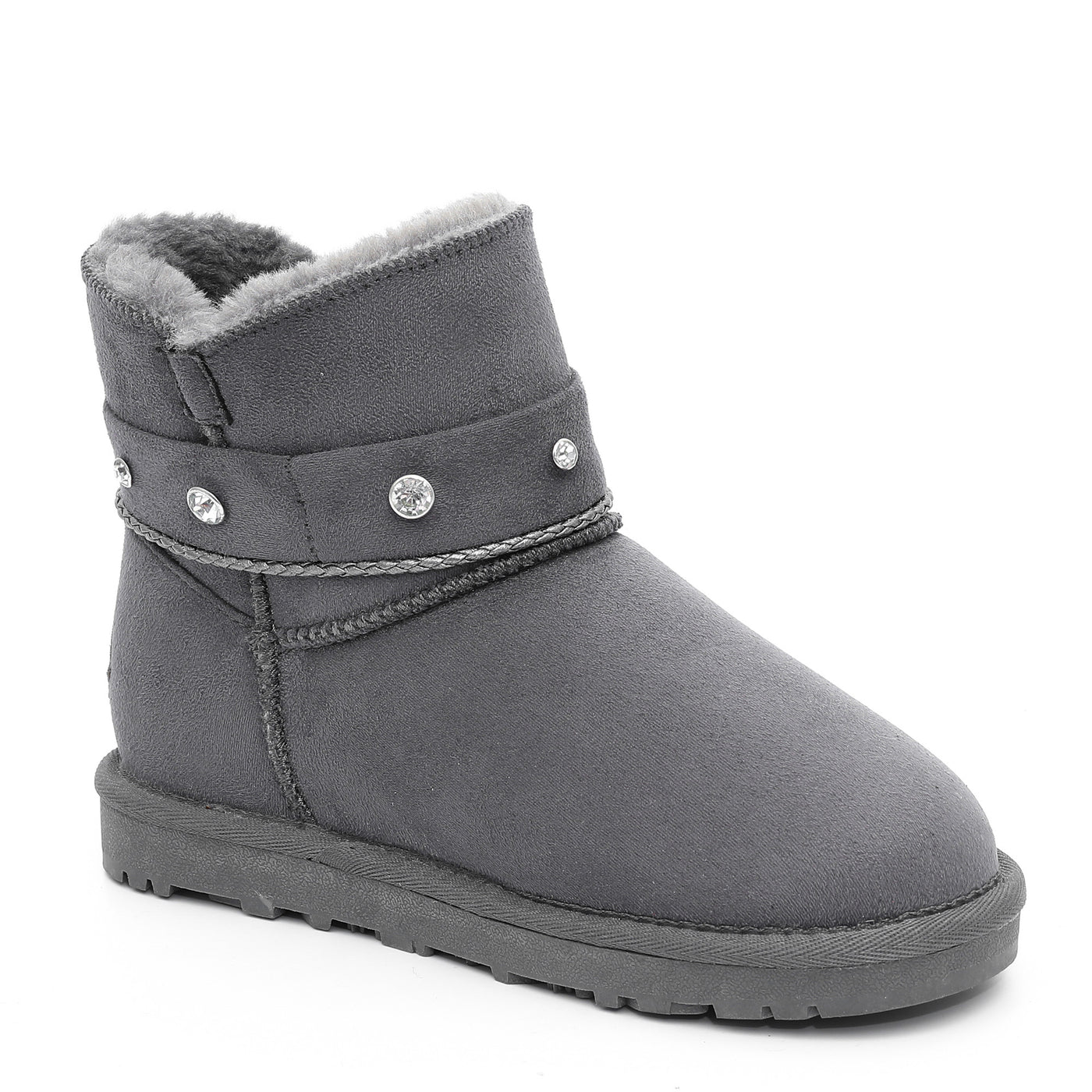 Botte fourrée enfant Sutton gris foncé de trois-quarts, col de fausse fourrure et strass