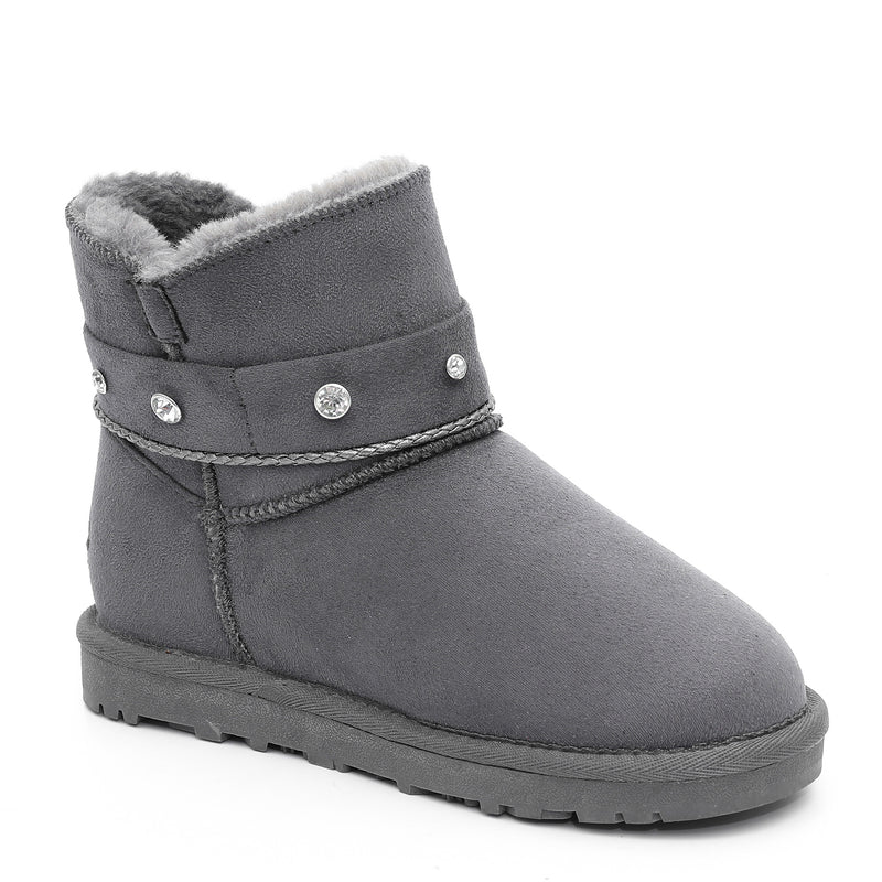 Botte fourrée enfant Sutton gris foncé de trois-quarts, col de fausse fourrure et strass