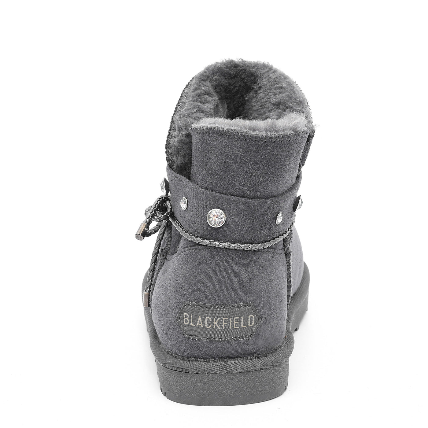 Botte fourrée enfant Sutton gris foncé de dos, étiquette au talon et col de fausse fourrure