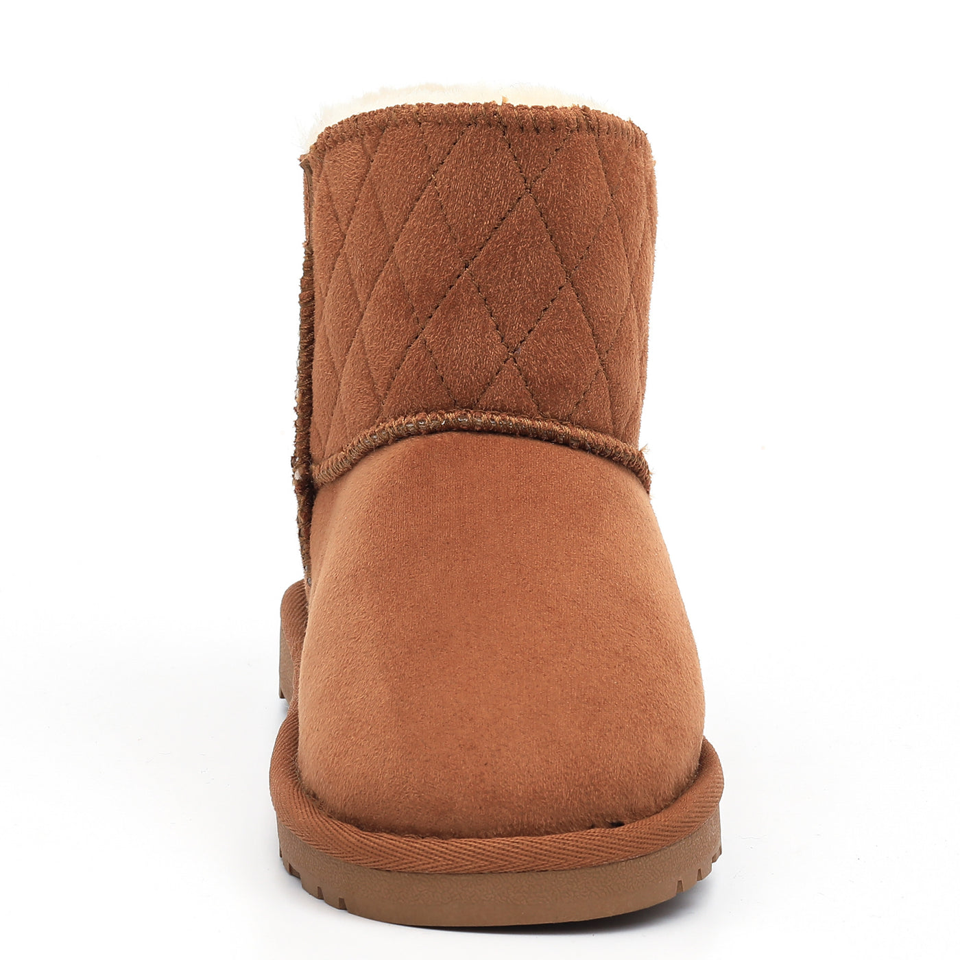 Botte fourrée enfant Tinke camel de trois-quarts arrière, couture du contrefort visible