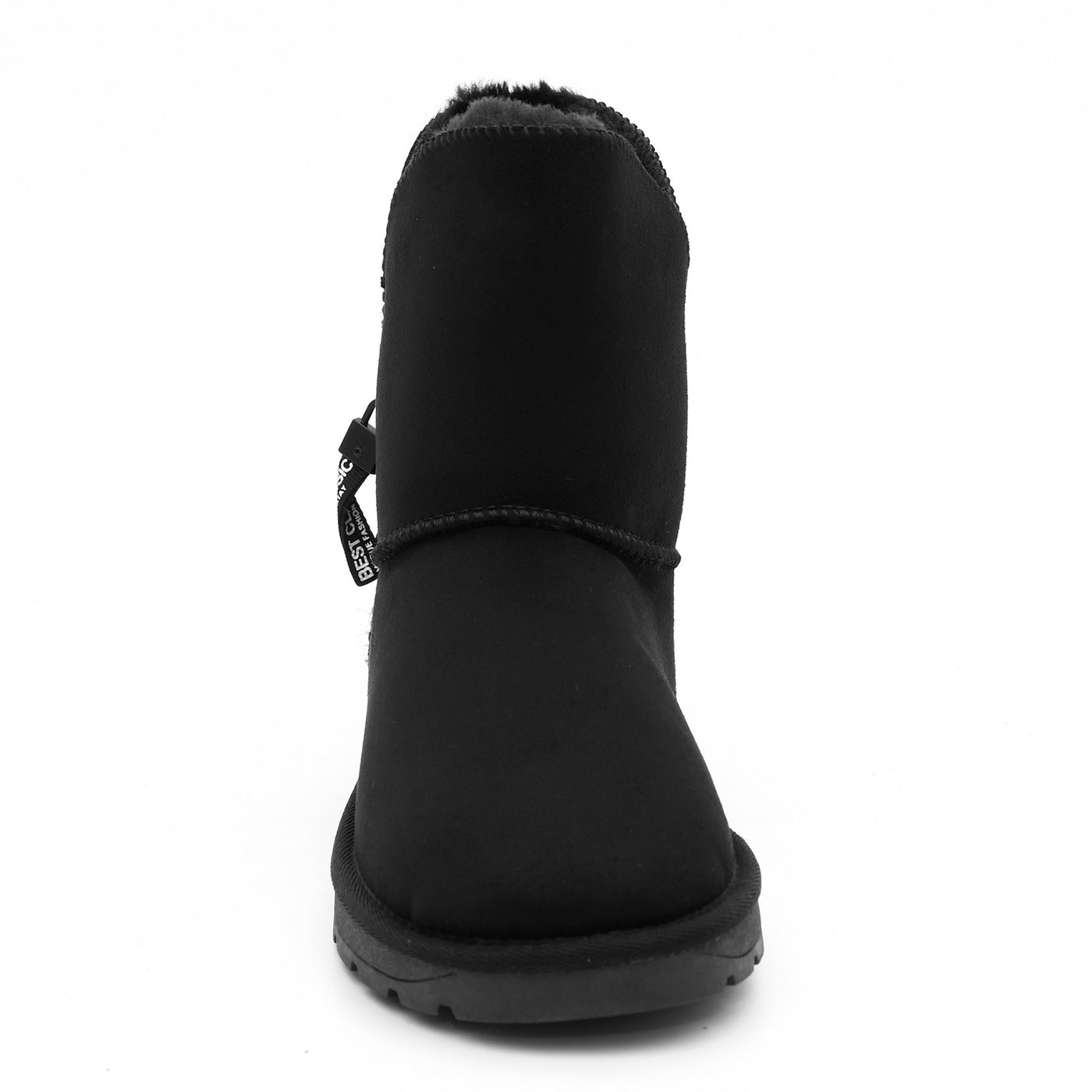 Bottine fourrée Zeek noire vue de face, tige noire et boucle du ruban sur le côté