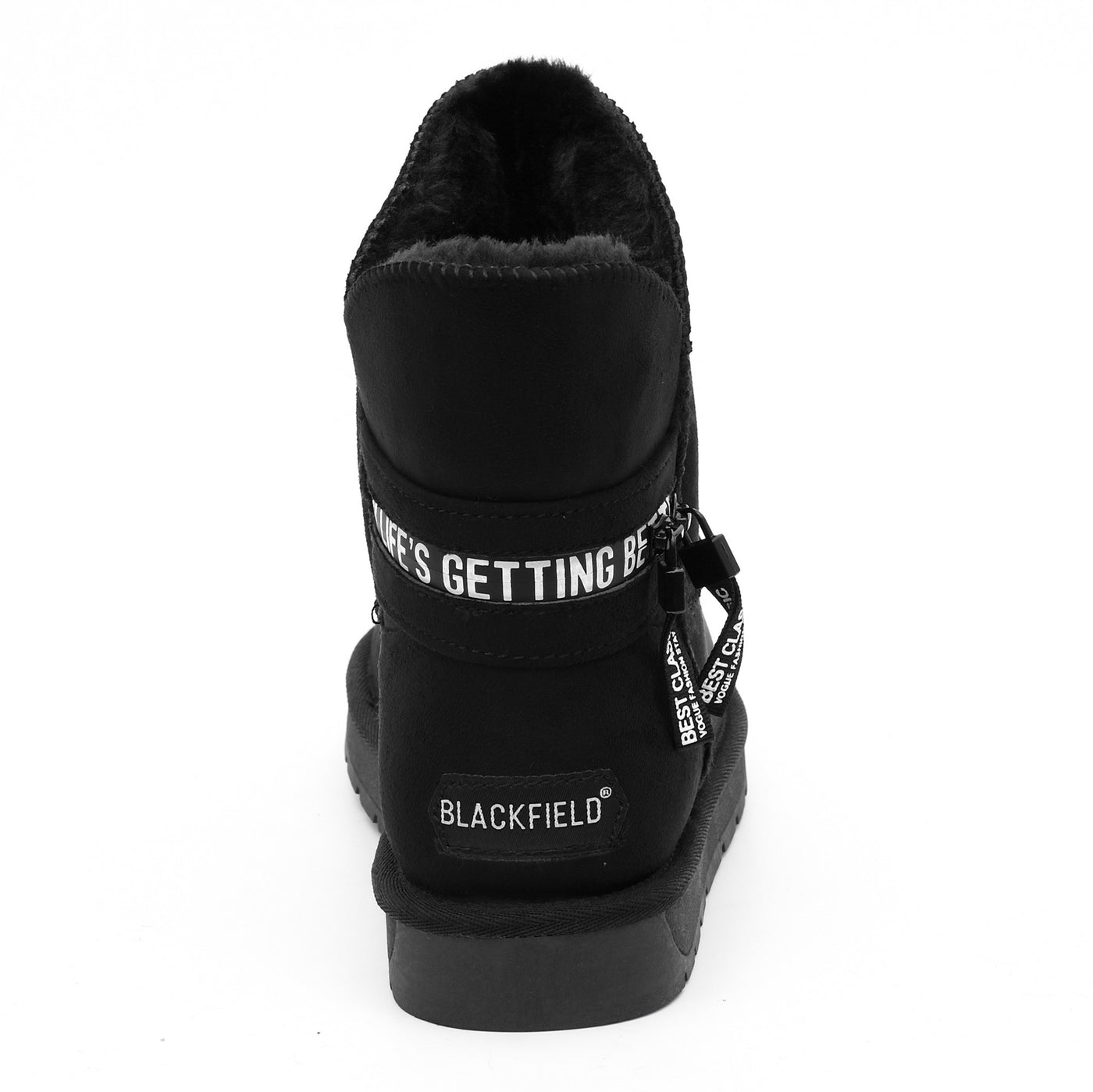 Bottine fourrée Zeek noire vue de dos, étiquette Blackfield blanche sous le ruban